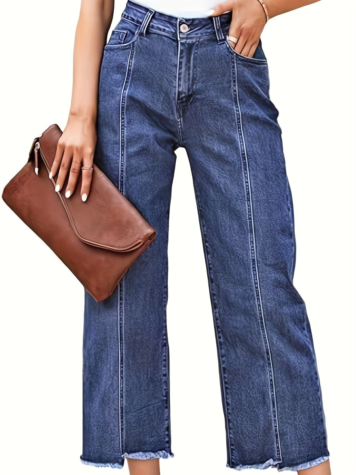 Kessoro women's high-waist cropped straight-leg jeans in royal blue and black - product view 3