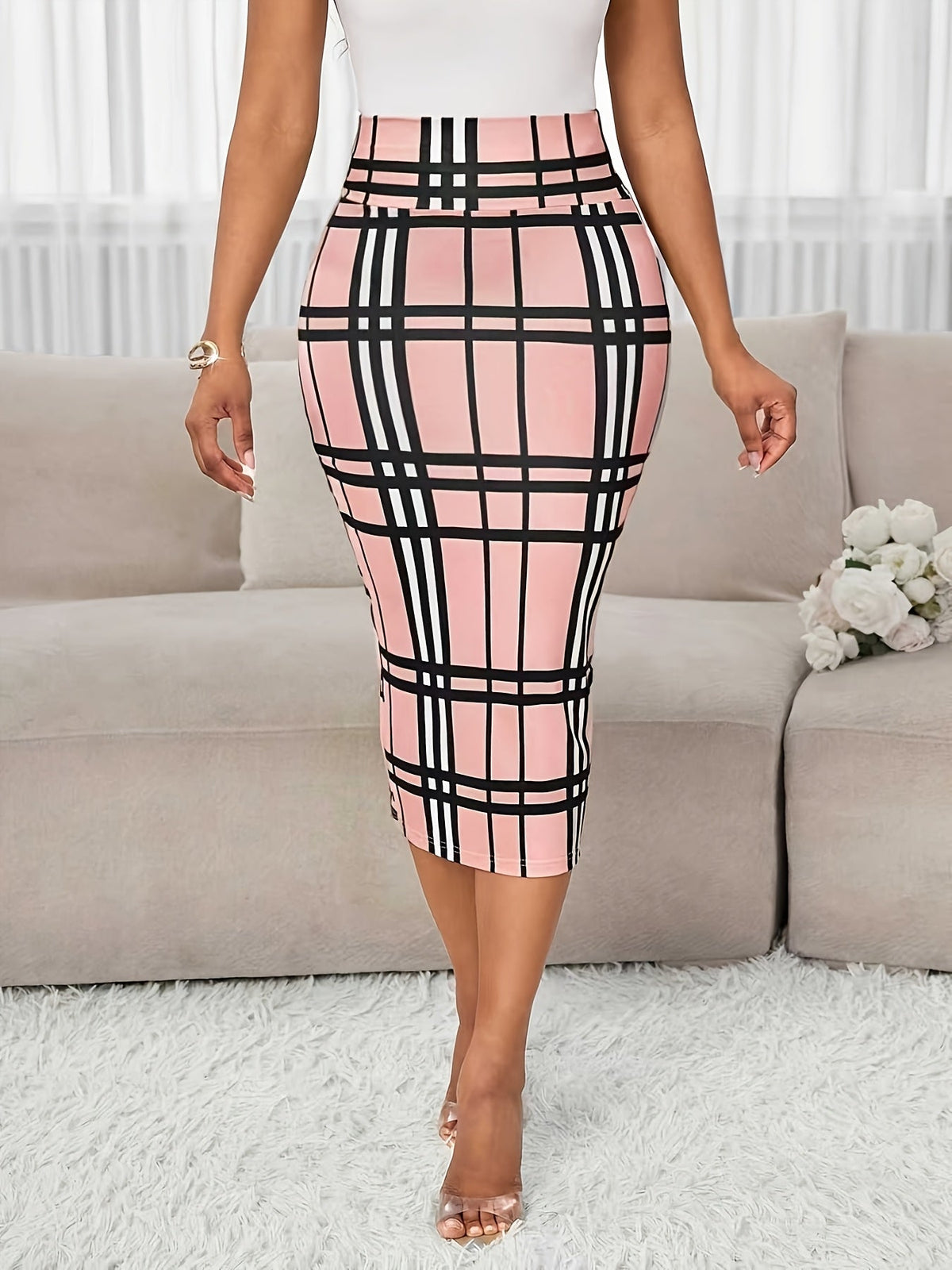 Kessoro women's plaid high-waist pencil skirt in white, burgundy and pink - product view 17