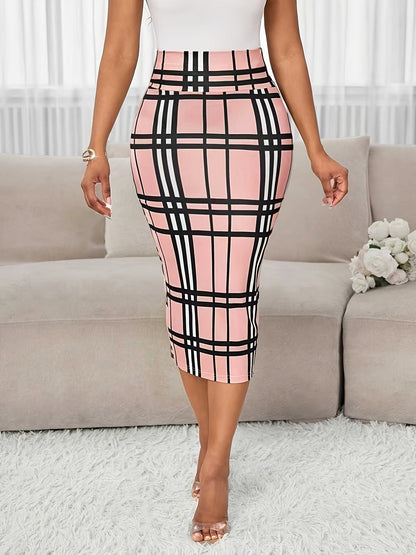 Kessoro women's plaid high-waist pencil skirt in white, burgundy and pink - product view 17