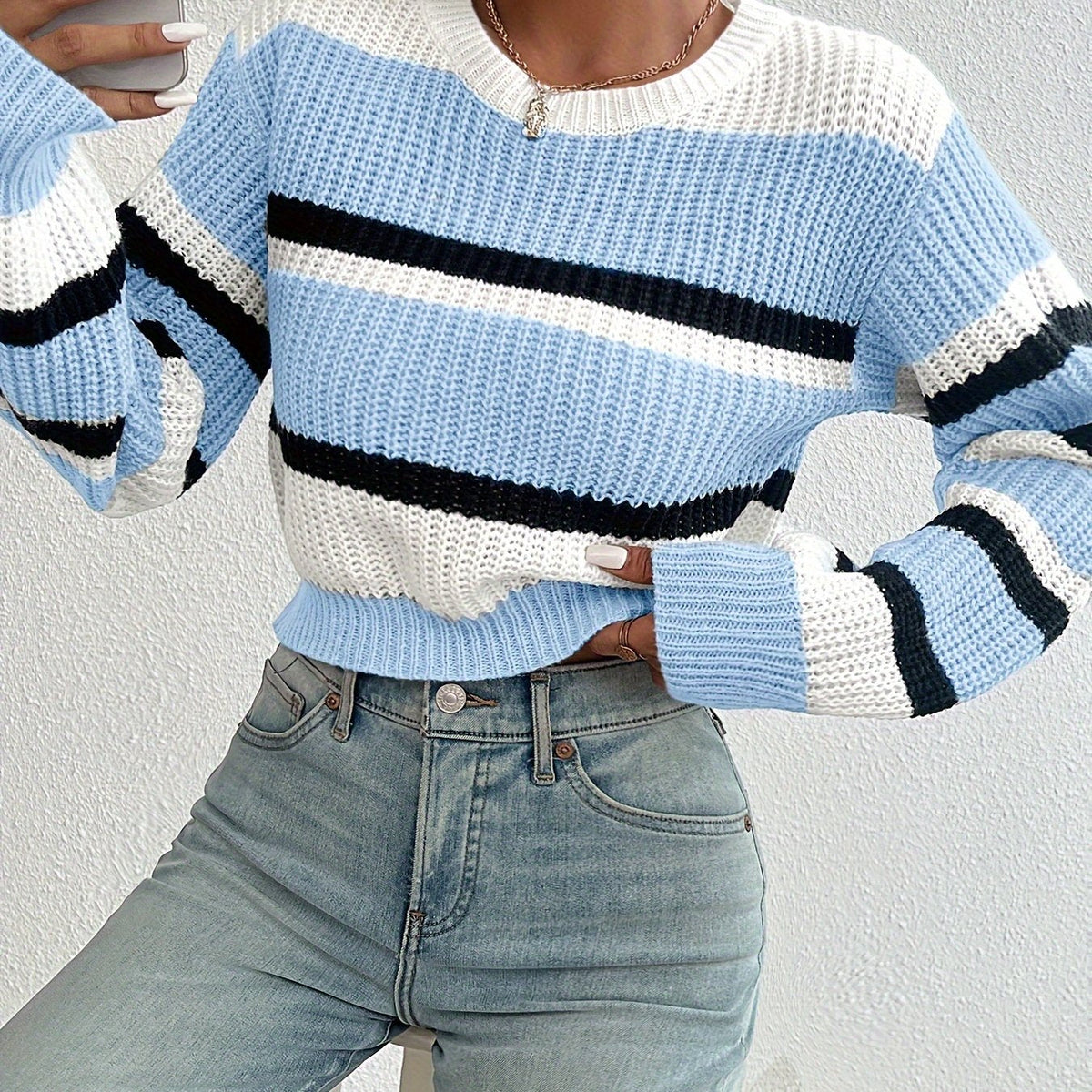 Kessoro women's colorblock striped cropped sweater in sky blue and pink, women's knitwear — view 5 of 6