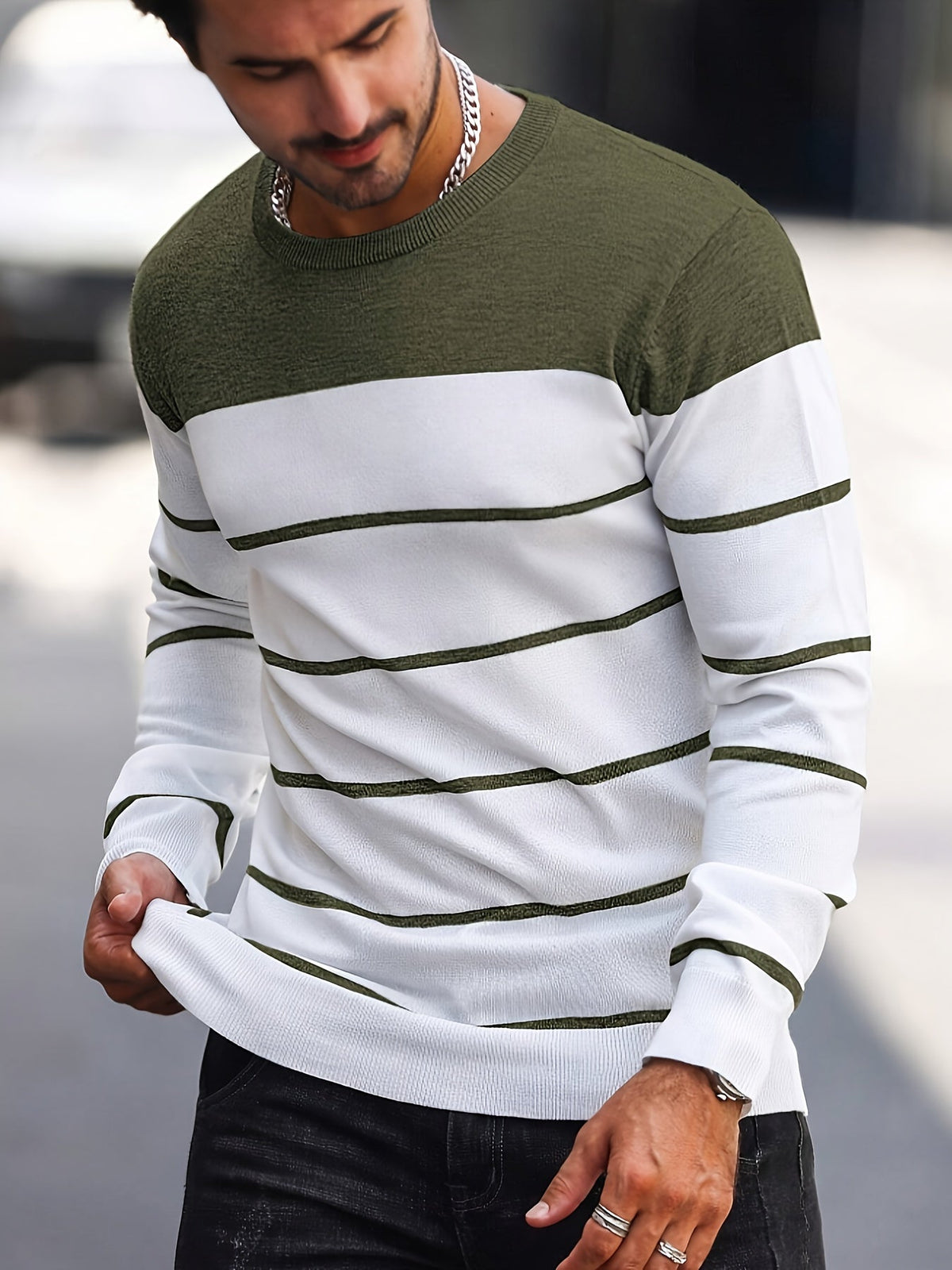 Kessoro Coffee Brown striped crew neck knit sweater for men