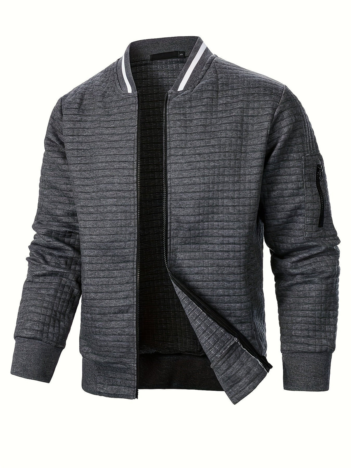 Men's textured stand-collar zip-up bomber jacket in khaki, black, dark gray, military green, navy and burgundy, detail view 2