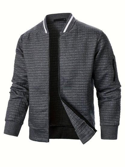 Men's textured stand-collar zip-up bomber jacket in khaki, black, dark gray, military green, navy and burgundy, detail view 2
