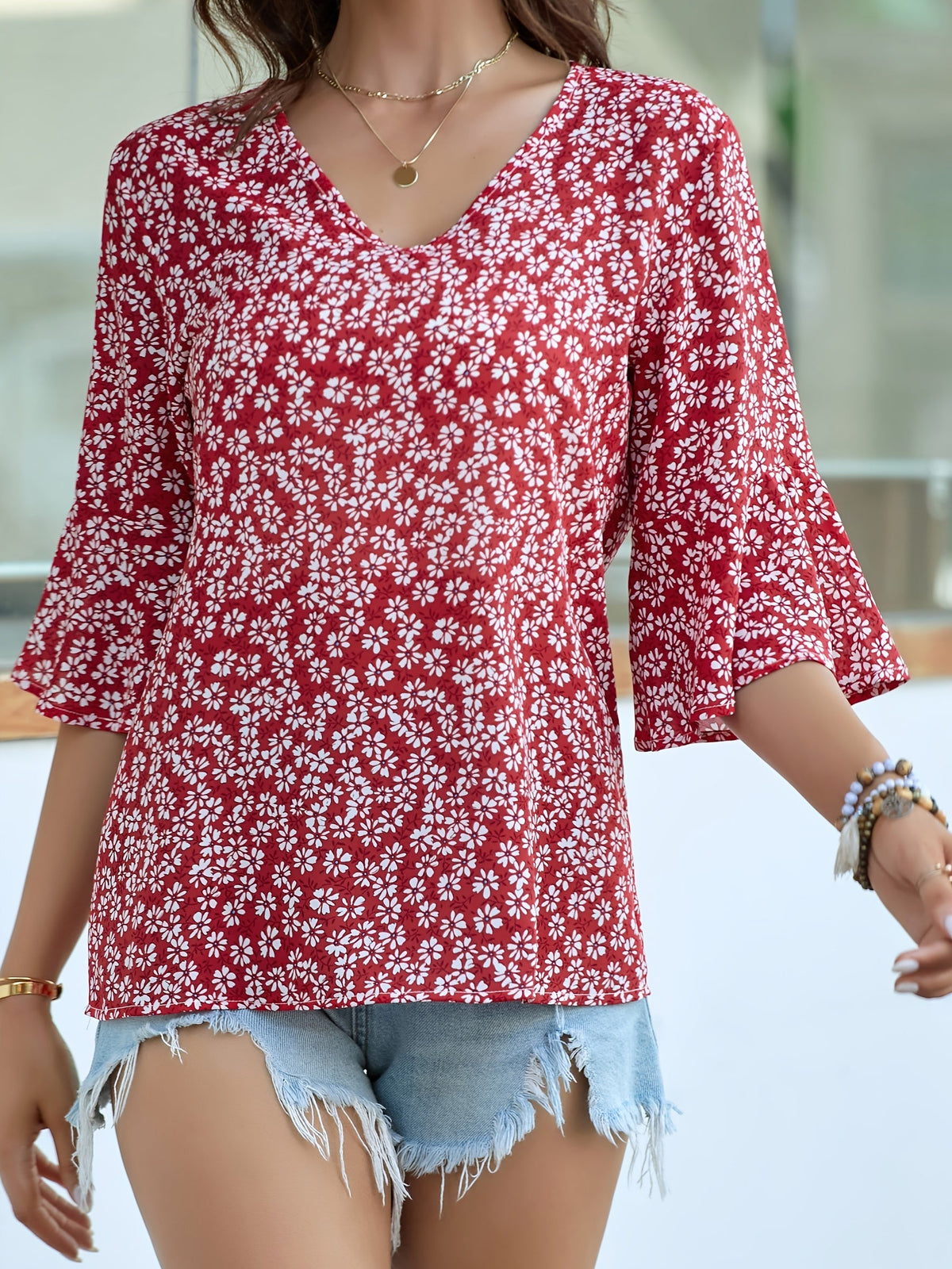 Kessoro women's floral ruffle-sleeve V-neck blouse in royal blue, yellow, green and red – image 21 of 23