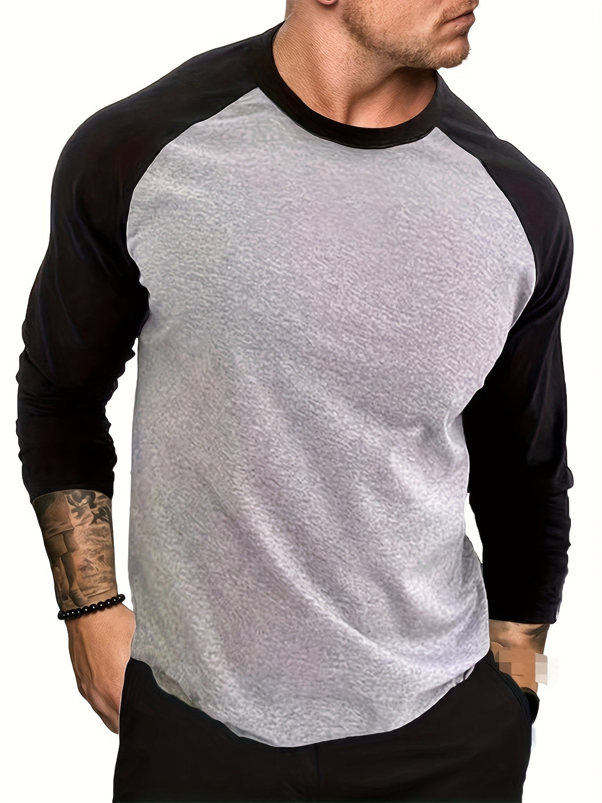 Men's two-tone raglan long-sleeve t-shirt in black, light grey and white, collar detail view