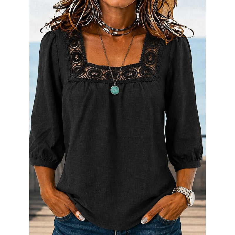 Kessoro Women's Square-Neck Lace-Trim Blouse in sky blue, dark blue, black and more colours, image 3 of 5.