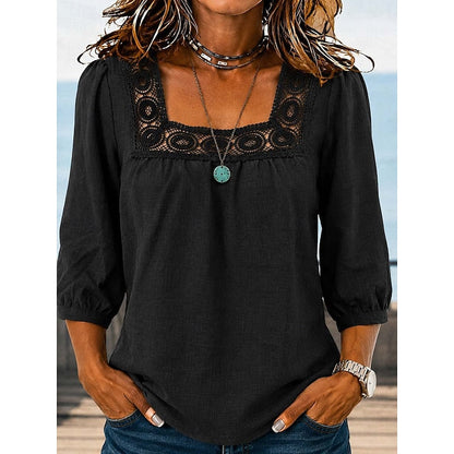 Kessoro Women's Square-Neck Lace-Trim Blouse in sky blue, dark blue, black and more colours, image 3 of 5.