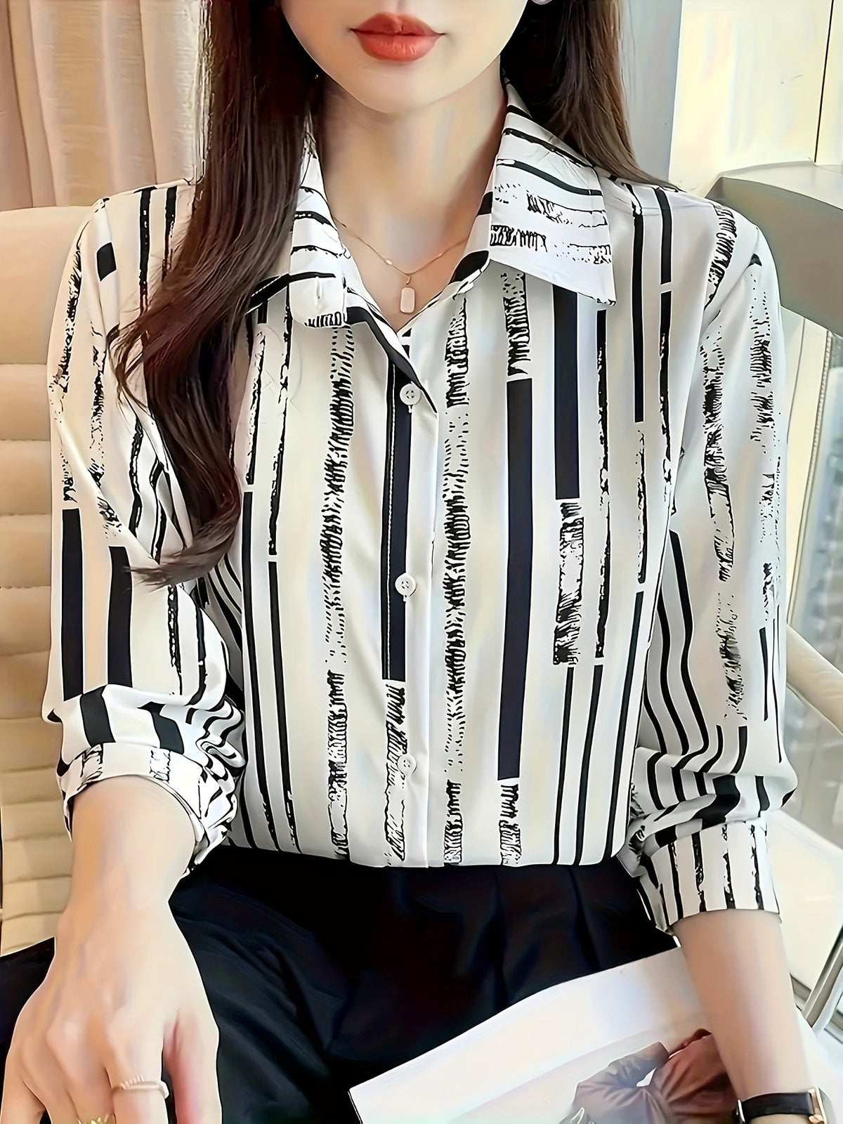 Kessoro Women's Striped Lapel Collar Button-Up Blouse in blue, sky blue, tangerine and other colourways — styled on model