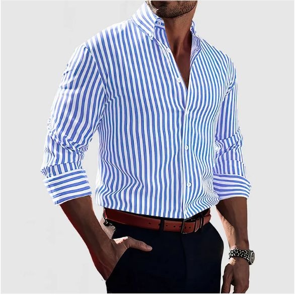 Men's vertical stripe tailored button-down dress shirt in a classic blue or black colourway
