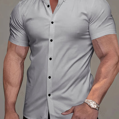 Kessoro men's refined short-sleeve button-up shirt shown in eleven colourways including white, black, navy and army green on a male model
