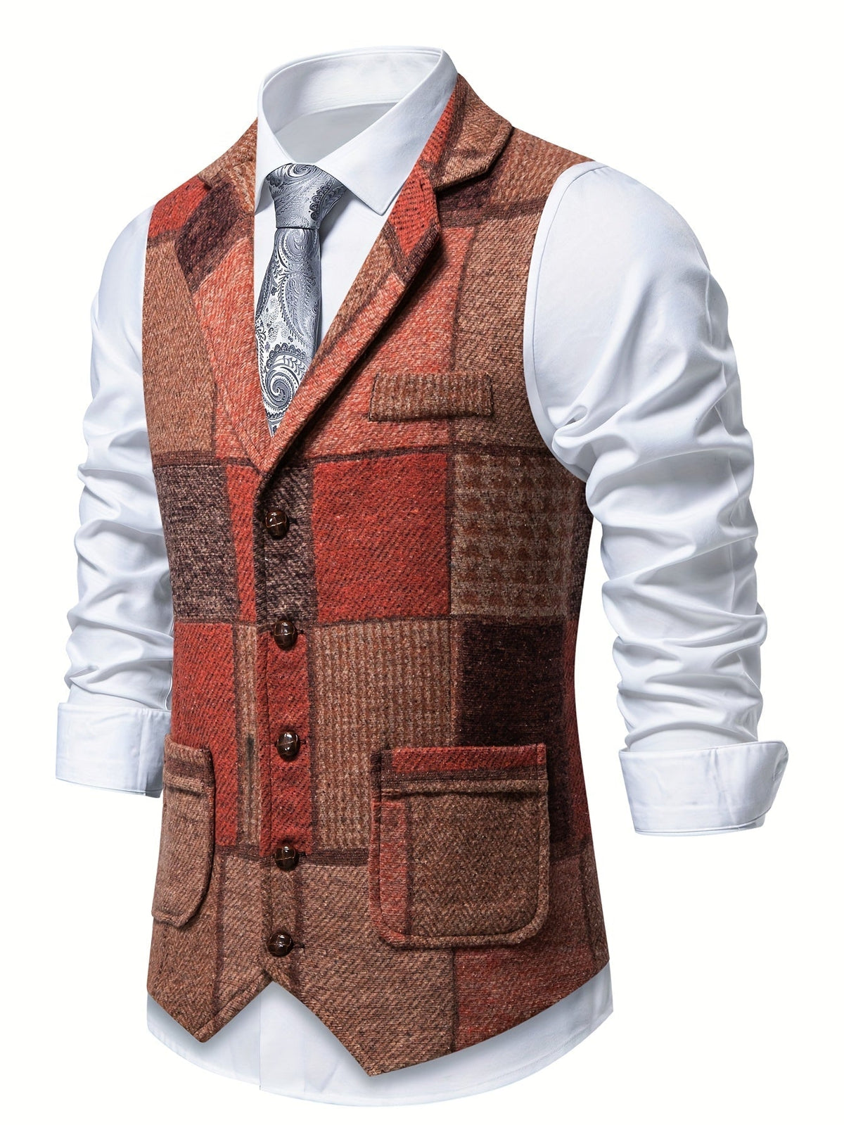 Kessoro men's herringbone patchwork tailored waistcoat in red, gray, blue, green and orange colorways - men's suiting