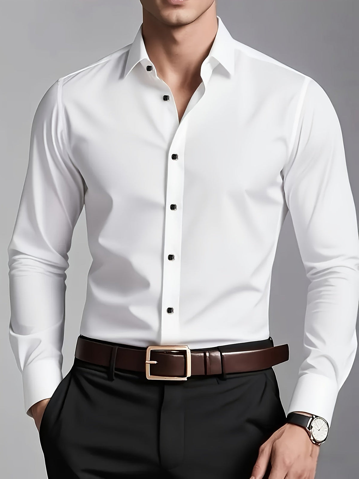 Men's tailored long-sleeve button-up shirt in sky blue, light grey and white, colour option 2 styled view