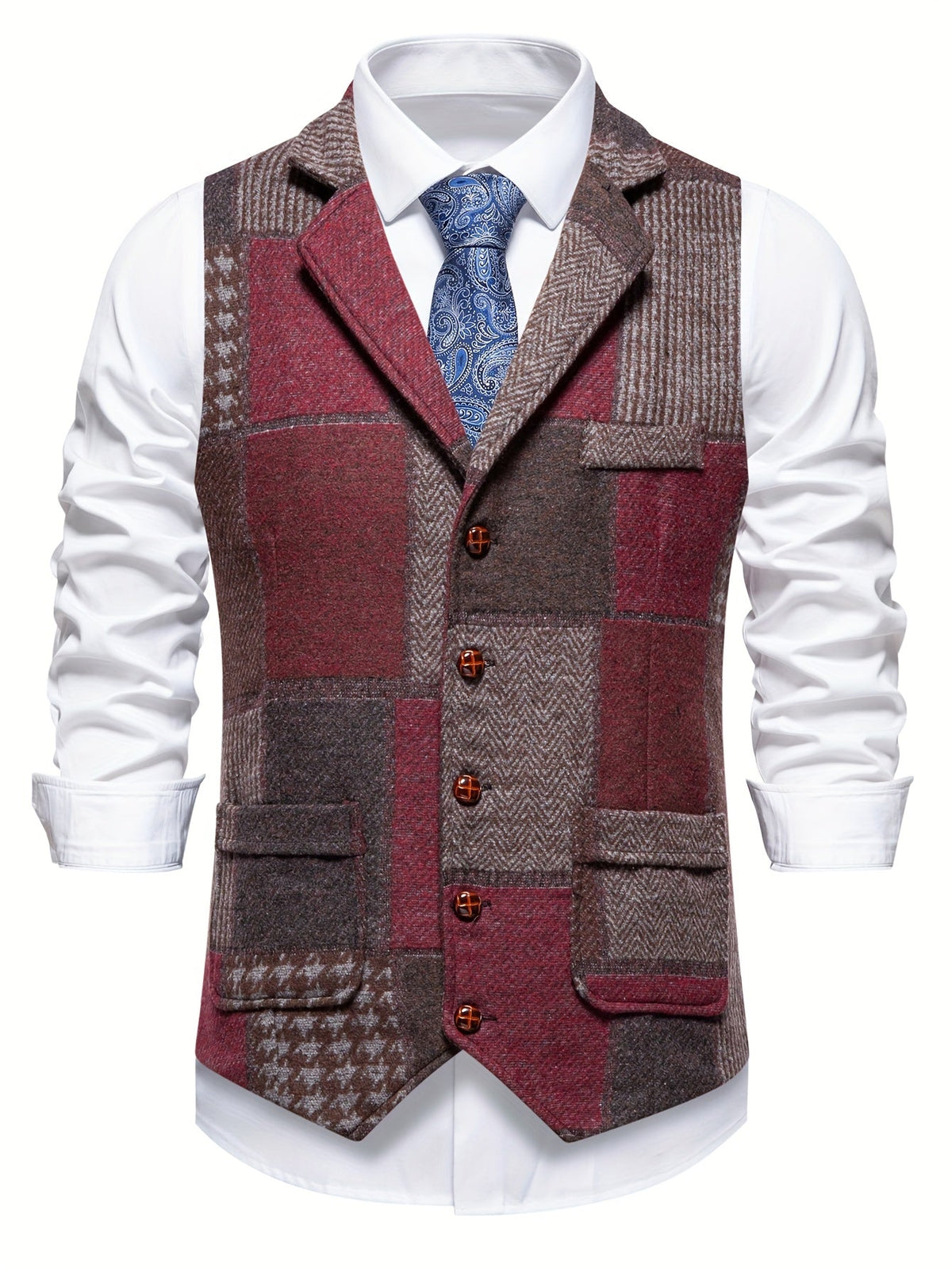 Kessoro men's herringbone patchwork tailored waistcoat in red, gray, blue, green and orange colorways - men's suiting
