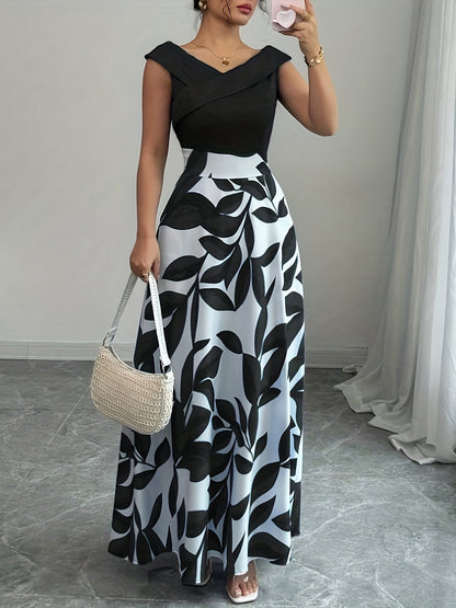 Women's leaf-print wrap-neck A-line maxi dress in a deep natural colourway
