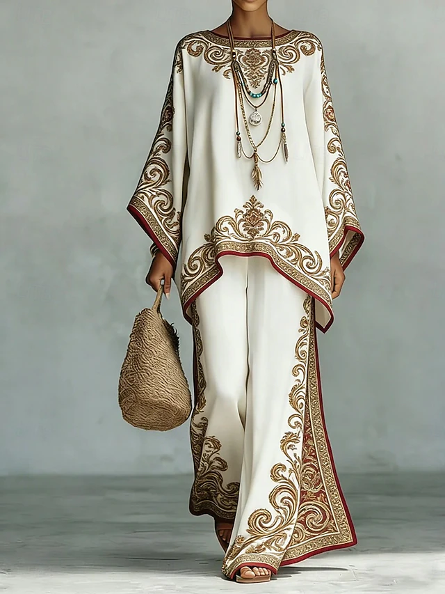 Kessoro Women's bohemian print top and wide-leg trousers two-piece set in camel and red, view 2