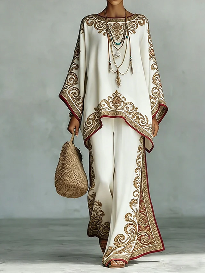 Kessoro Women's bohemian print top and wide-leg trousers two-piece set in camel and red, view 2