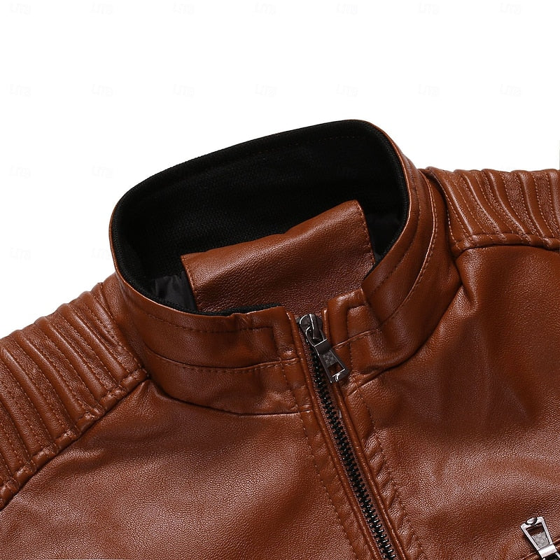 Kessoro men's classic stand-collar biker jacket in yellow, coffee and black – image 4 of 7