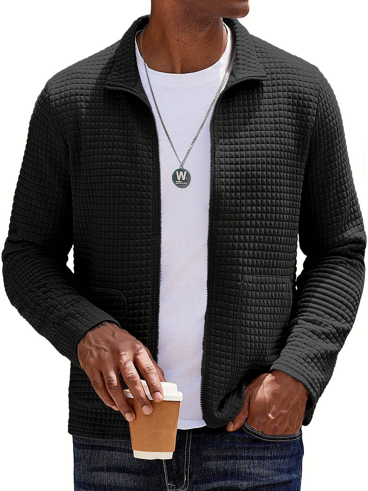 Kessoro Men's Textured Stand-Collar Full-Zip Jacket in white, khaki and black, image 15 of 18.