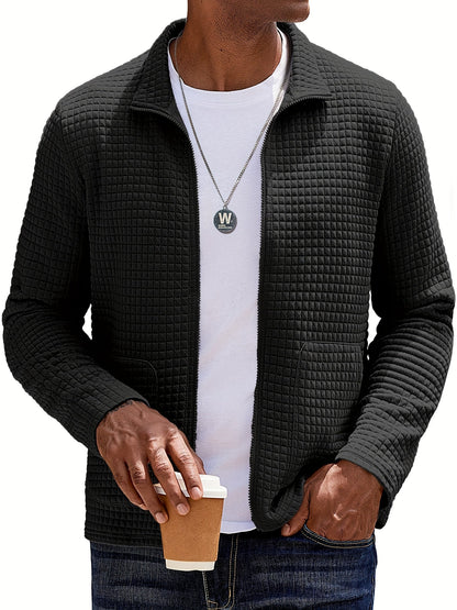 Kessoro Men's Textured Stand-Collar Full-Zip Jacket in white, khaki and black, image 15 of 18.