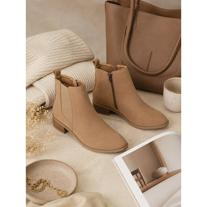 Kessoro women's pointed-toe low block heel ankle boots in khaki, gray, black, dark brown and beige - view 11