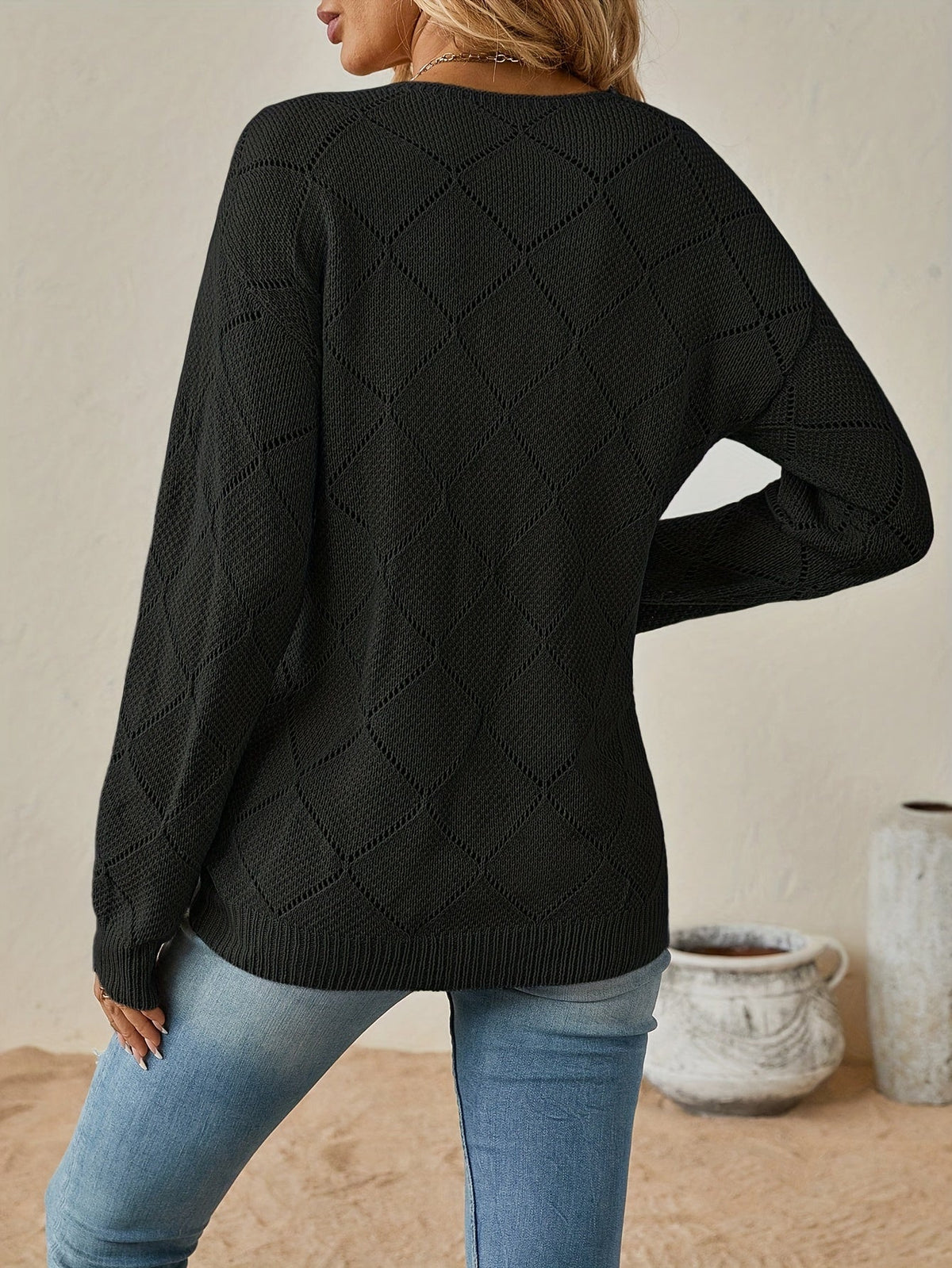 Kessoro women's openwork diamond knit V-neck sweater in black, white, khaki and orange red