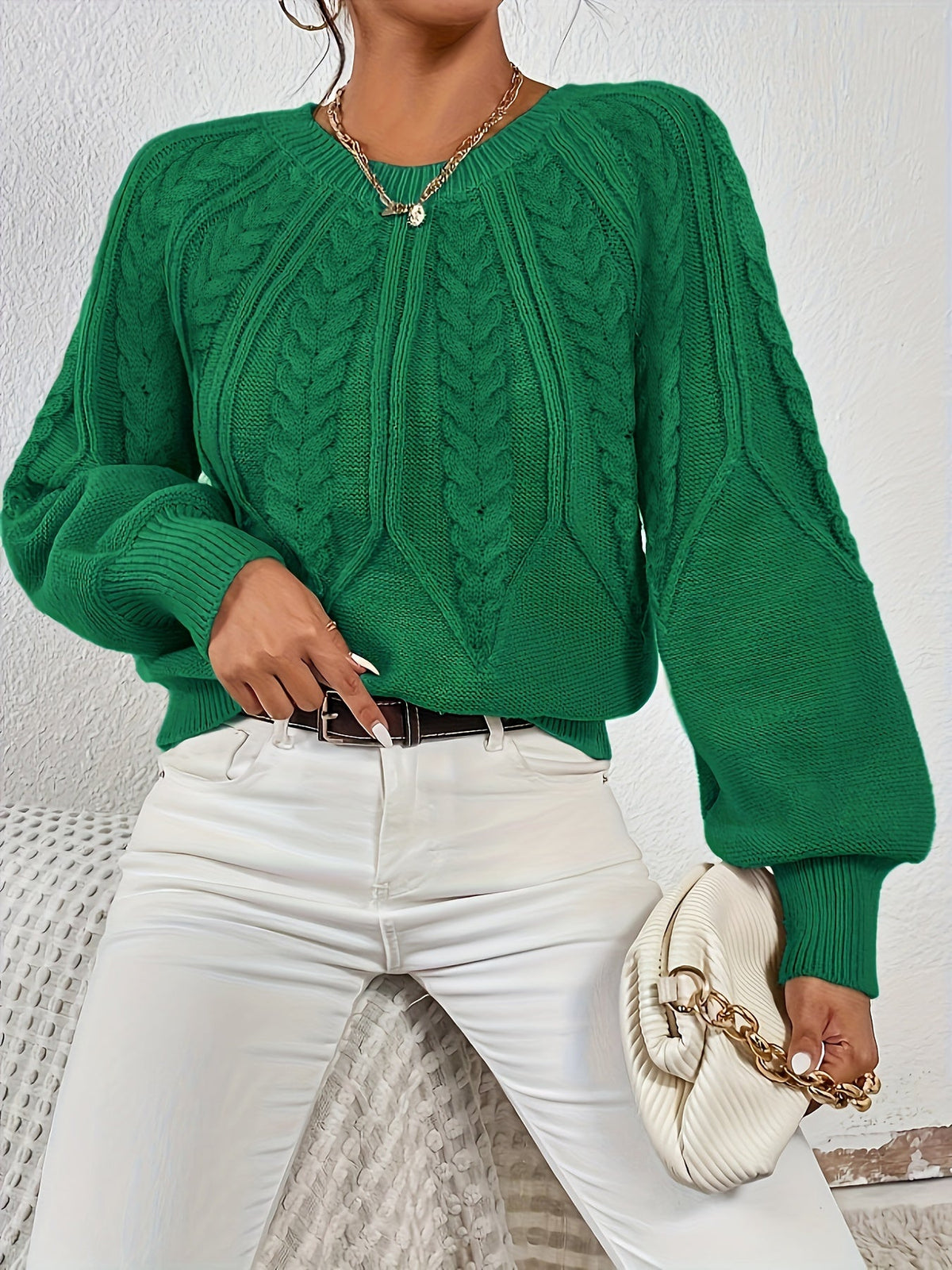 Kessoro women's relaxed cable-knit lantern-sleeve sweater in matcha, beige, burgundy, navy and camel