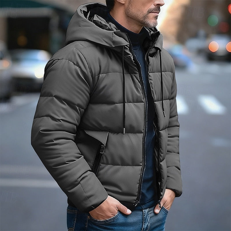 Kessoro men's insulated quilted hooded puffer jacket in dark grey, blue and black