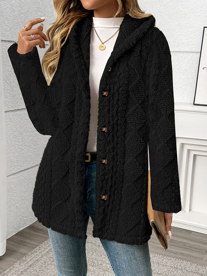 Women's textured plush button-front coat in black, back view
