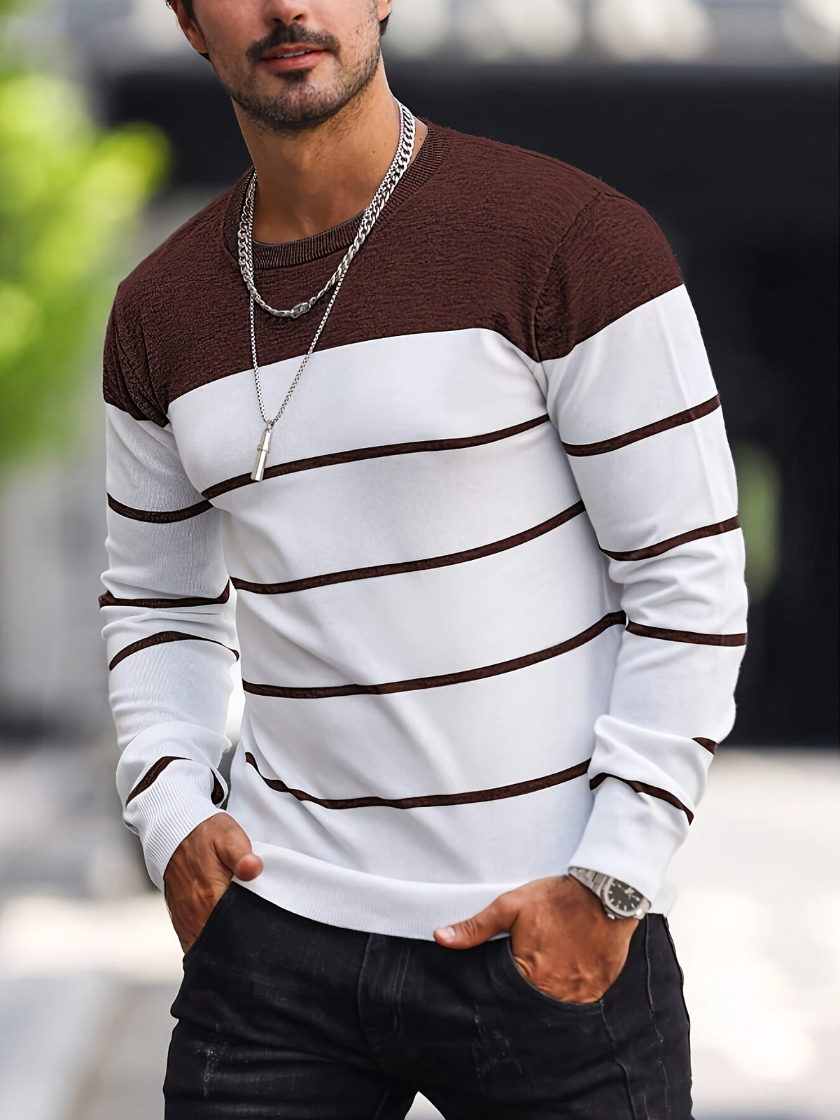 Kessoro Navy striped crew neck knit sweater for men