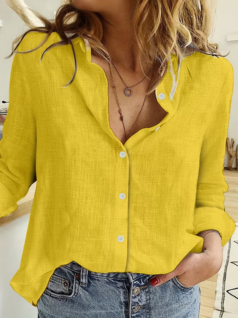 Women's loose fit long sleeve shirt blouse in blue, pink, white, grey and yellow