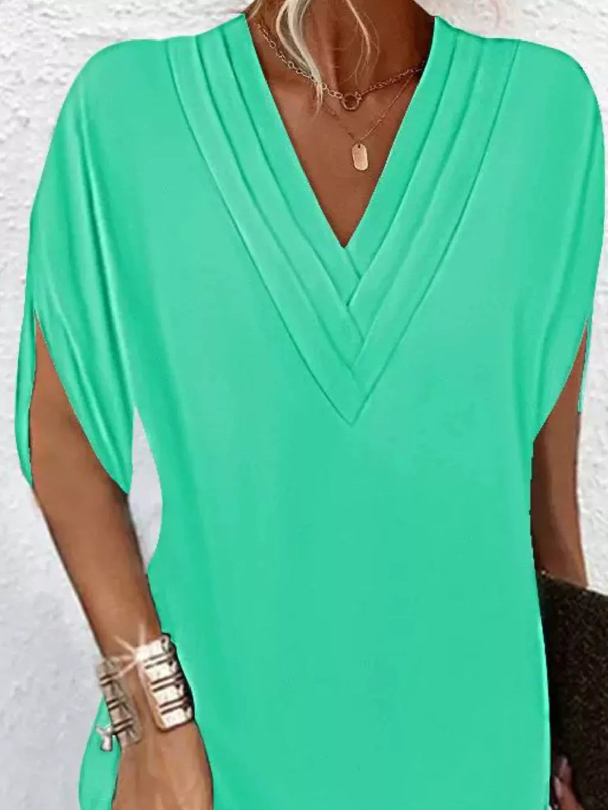 Women's V-neck mini dress with slit sleeves in army green, black, white, orange and pink