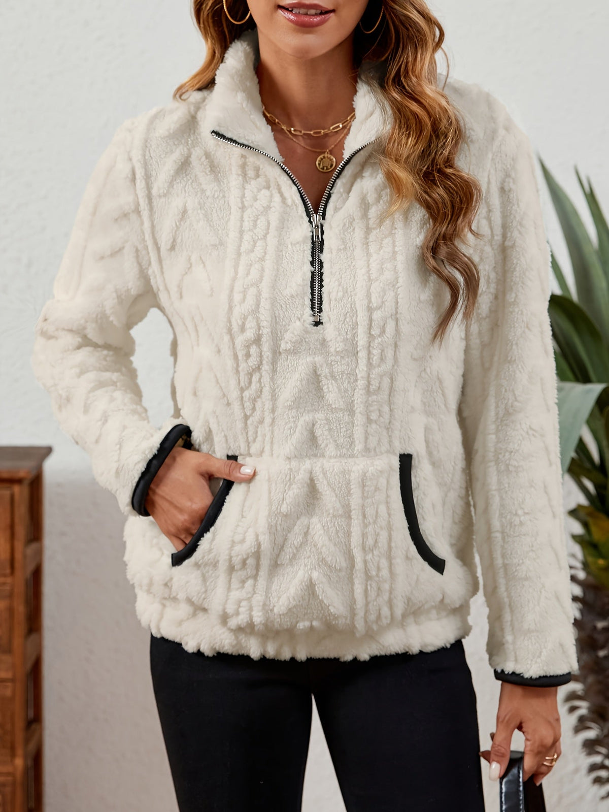 Kessoro women's plush textured half-zip pullover in burgundy, grey, pink, white, khaki, purple and blue - product view 28