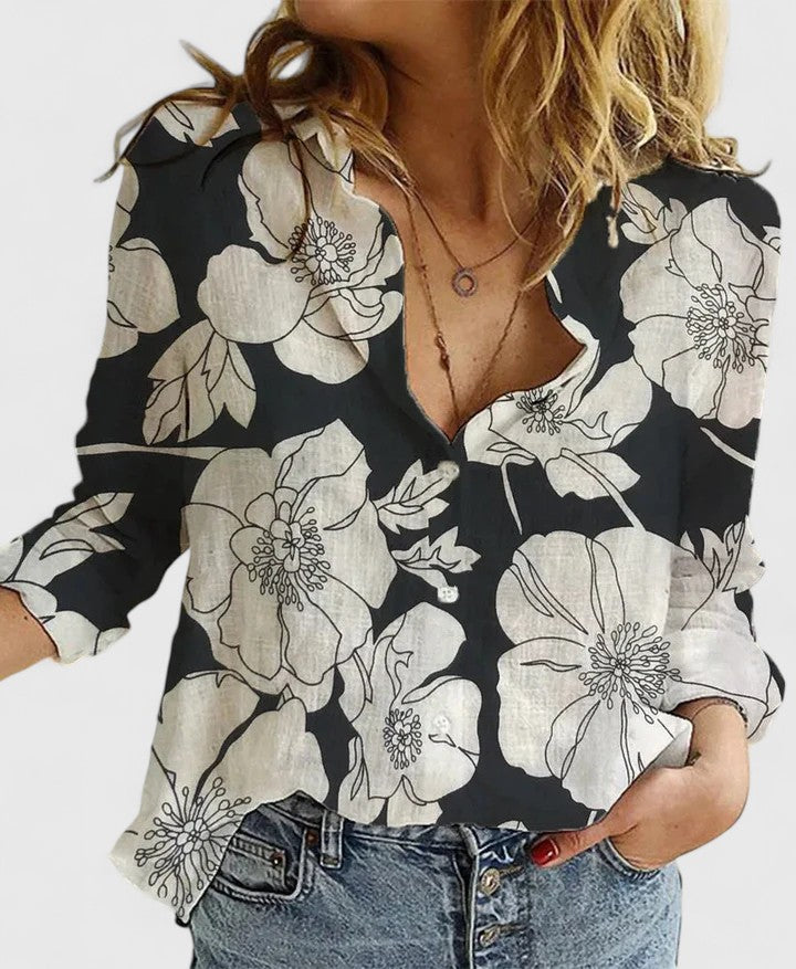 Kessoro women's relaxed-fit collared button-up blouse in black, white, blue and pastel tones, view 12