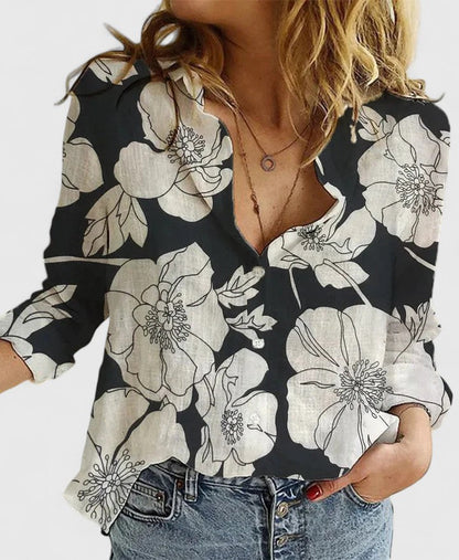 Kessoro women's relaxed-fit collared button-up blouse in black, white, blue and pastel tones, view 12