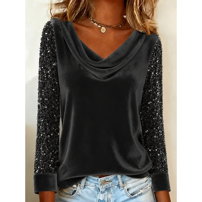 Kessoro women's shimmer-sleeve cowl neck top in gold, black, red, pink and purple – image 2 of 5