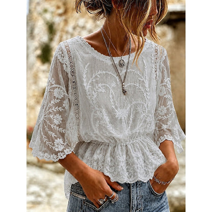 Women's floral-embroidered peplum blouse in white, grey, pink, blue and khaki, side view