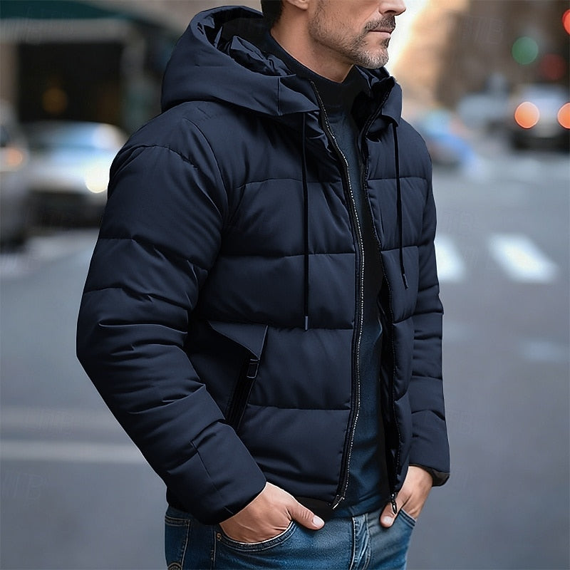 Kessoro men's insulated quilted hooded puffer jacket in dark grey, blue and black