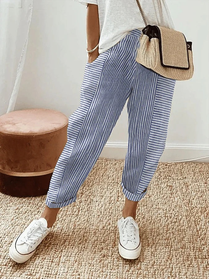 Women's relaxed striped lightweight summer trousers in six colourways, shown for womenswear styling