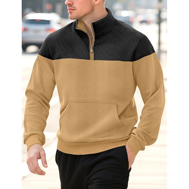 Kessoro men's textured quarter-zip color block sweatshirt in grey, army green, navy and khaki