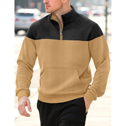 Kessoro men's textured quarter-zip color block sweatshirt in grey, army green, navy and khaki