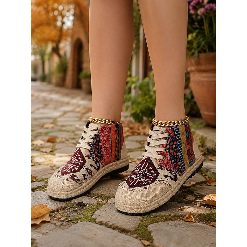 Kessoro women's boho woven pattern platform high-top sneakers in red and blue - view 6