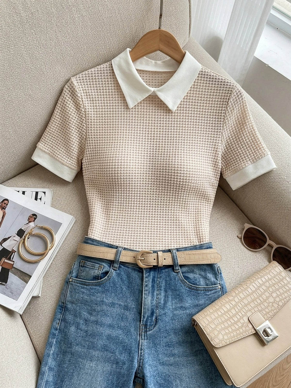 Women's slim-fit contrast collar top in a warm apricot colour family (view 8)