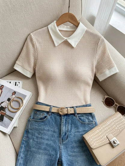 Women's slim-fit contrast collar top in a warm apricot colour family (view 8)