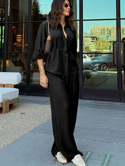Women's relaxed lapel top and drawstring wide-leg pants set in coffee brown, burgundy, khaki and black, view 2