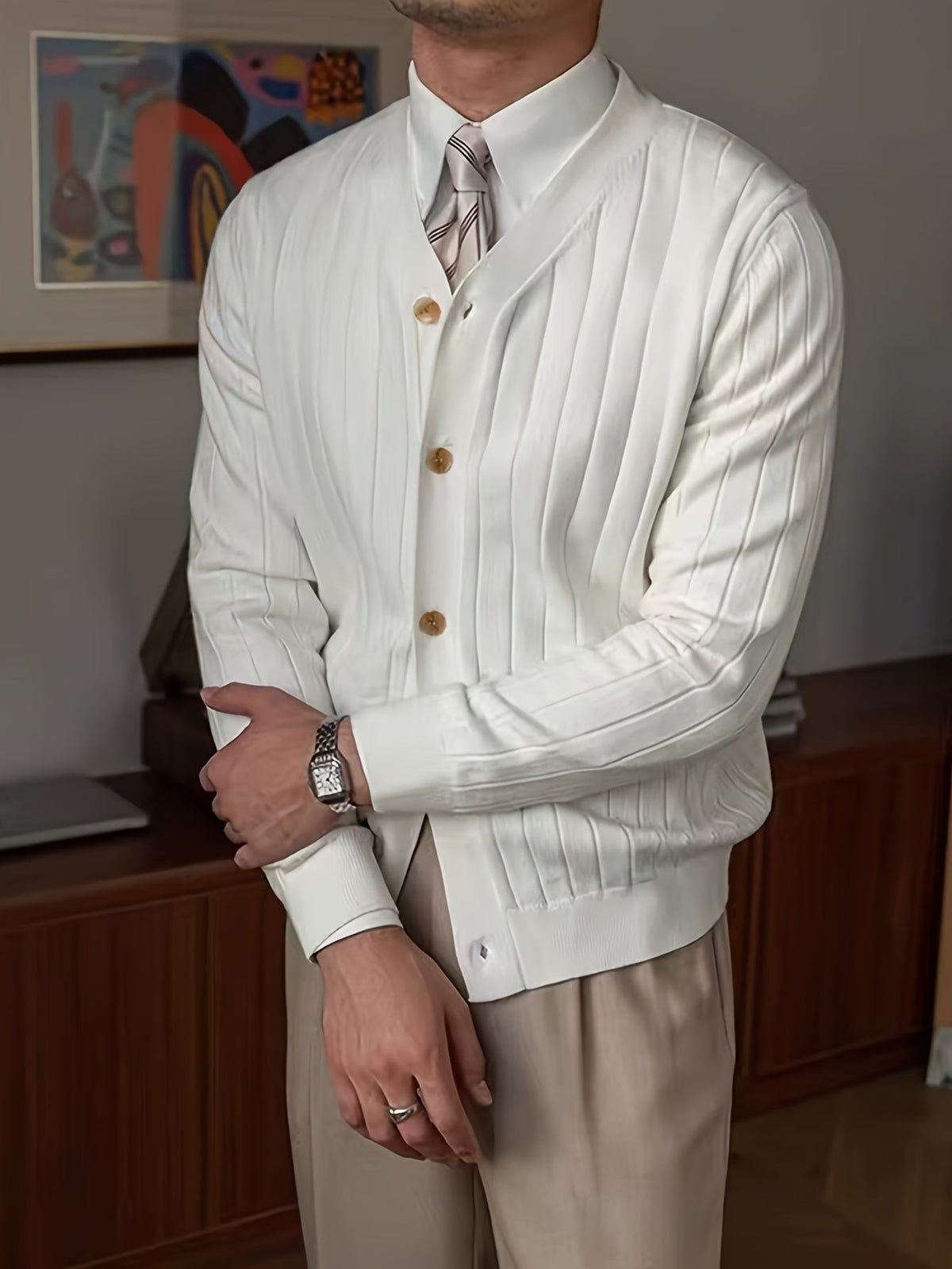 Kessoro Men's Ribbed Button-Up Knit Cardigan in white, sky blue and black, image 4 of 18.