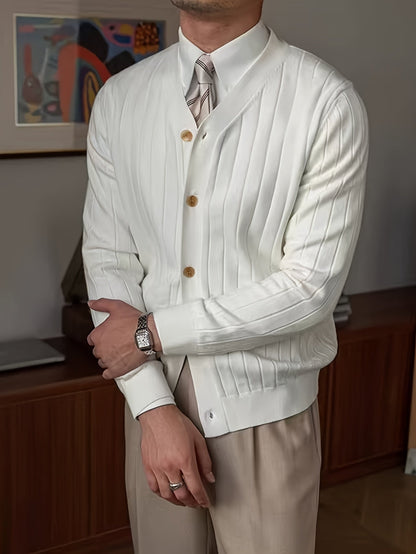Kessoro Men's Ribbed Button-Up Knit Cardigan in white, sky blue and black, image 4 of 18.