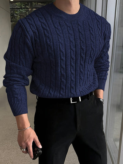 Kessoro Men's Twisted Cable-Knit Crewneck Sweater in navy and grey, image 2 of 12.