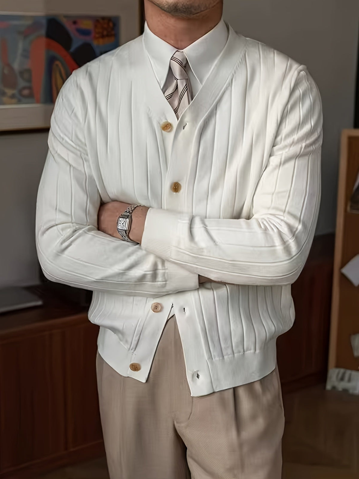 Kessoro Men's Classic Button-Up Knit Cardigan in white, sky blue and black - men's apparel, view 4 of 13