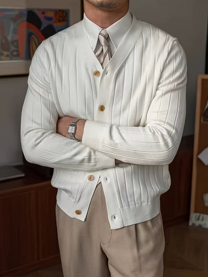 Kessoro Men's Classic Button-Up Knit Cardigan in white, sky blue and black - men's apparel, view 4 of 13