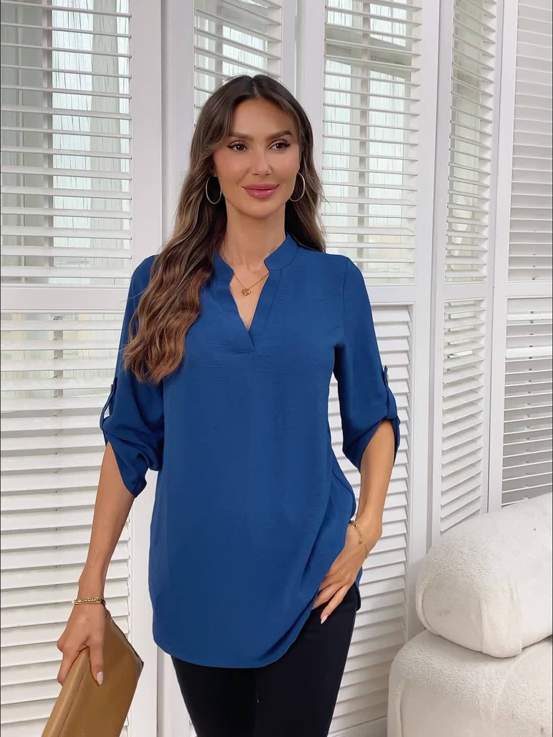 Kessoro women's refined V-neck roll-tab sleeve blouse in sea blue, navy, black, coral and khaki